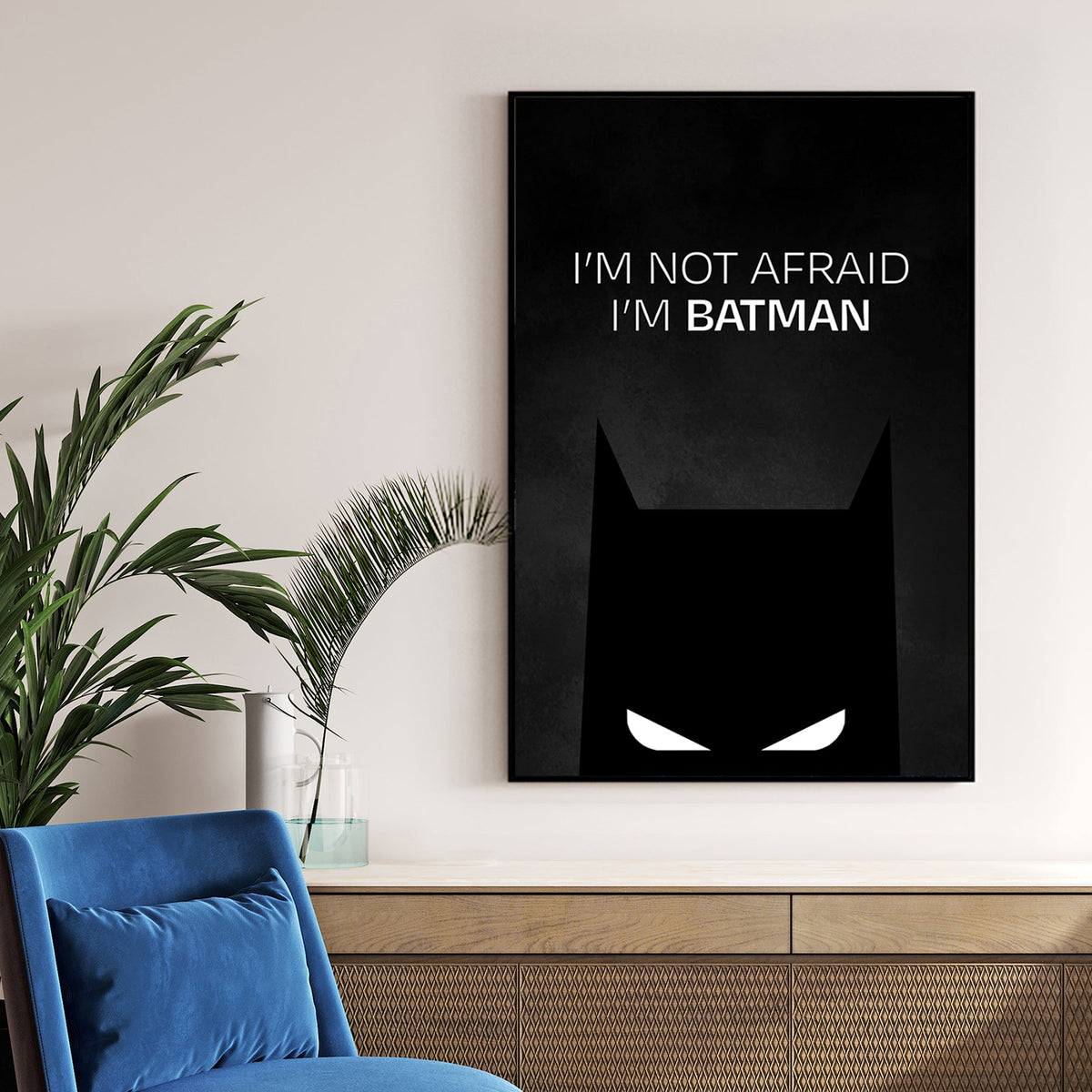 Bold Batman silhouette wall art with “I’m Not Afraid I’m Batman” quote