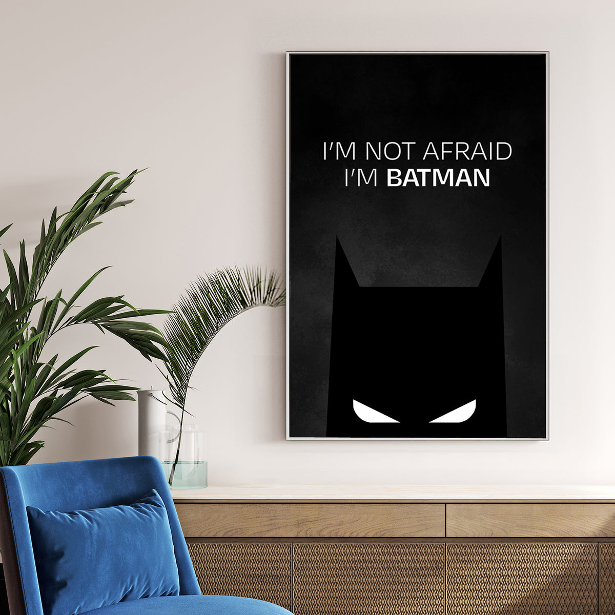 Bold Batman silhouette wall art with “I’m Not Afraid I’m Batman” quote