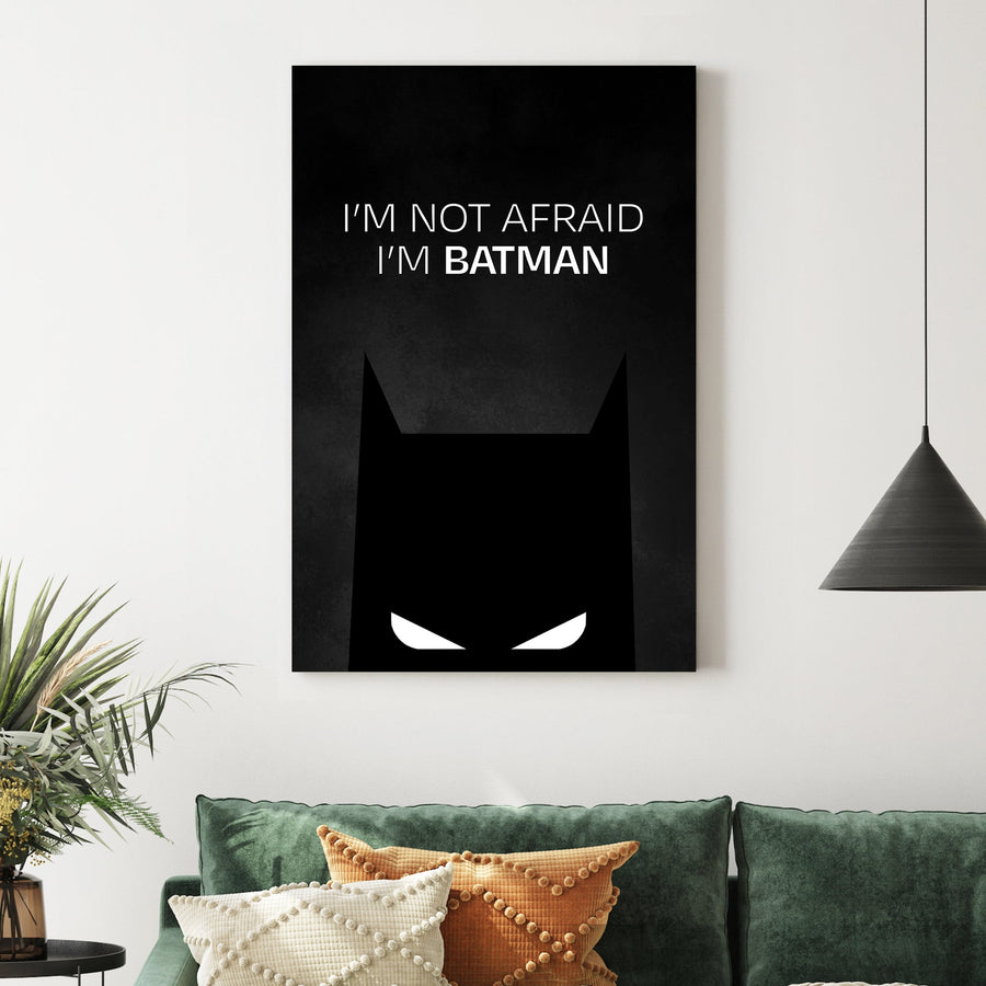 Bold Batman silhouette wall art with “I’m Not Afraid I’m Batman” quote