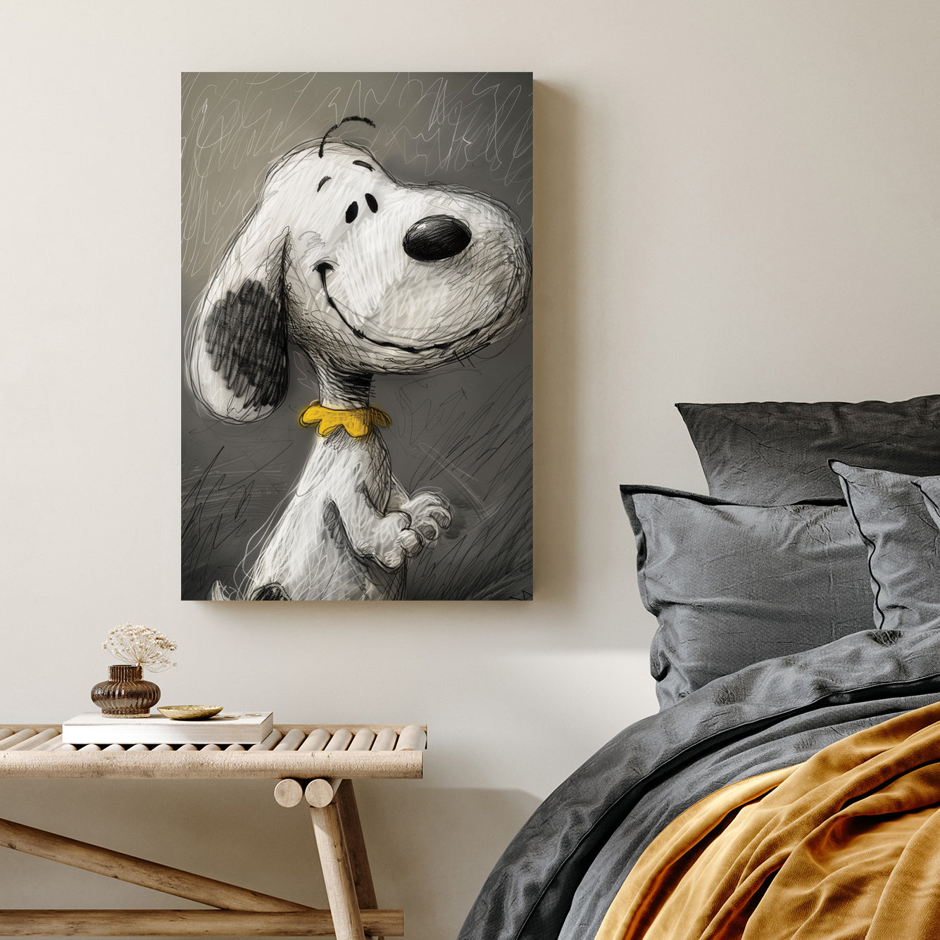 Snoopy sketch wall art with expressive smile
