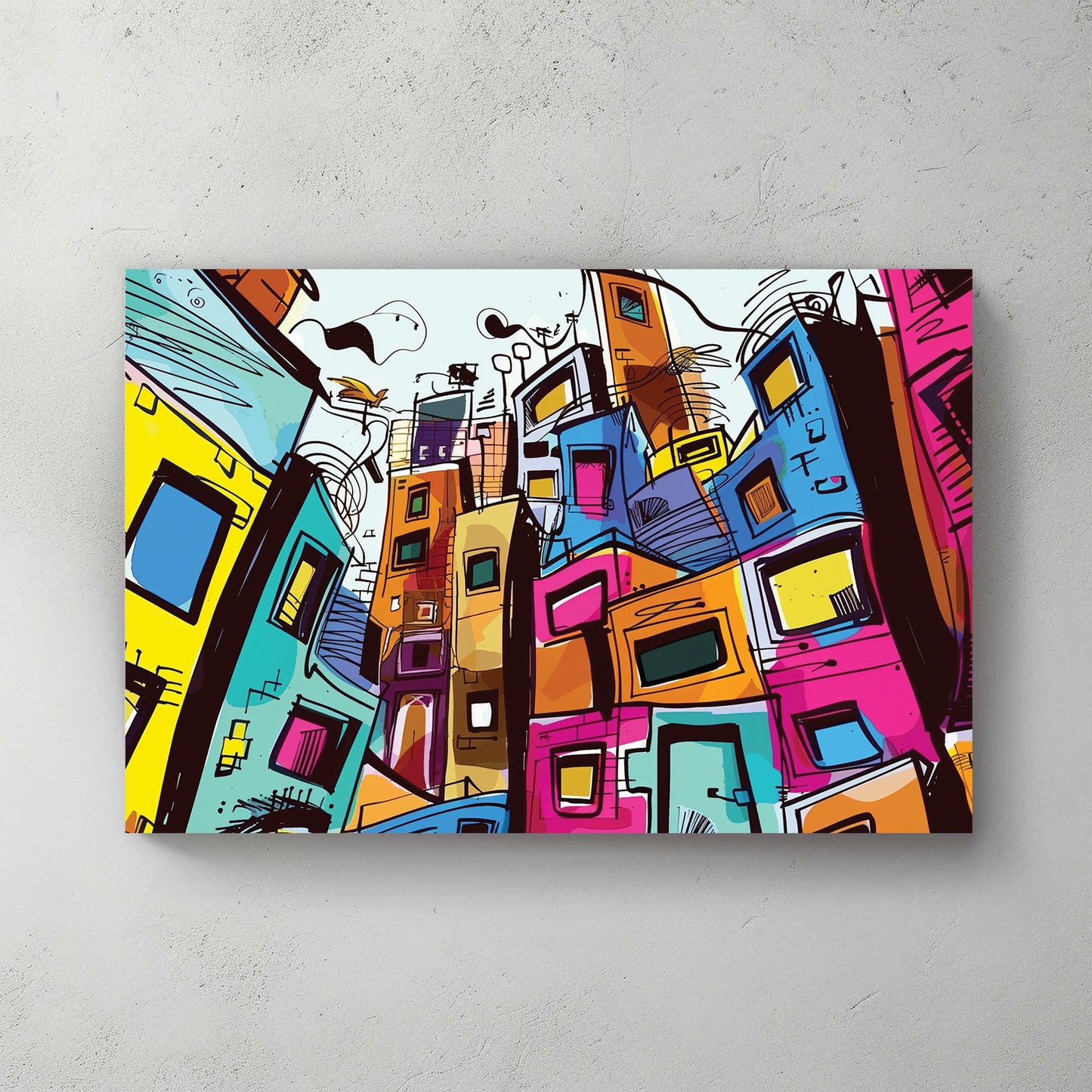 Colourful abstract cityscape wall art with stacked buildings and sketch-style details