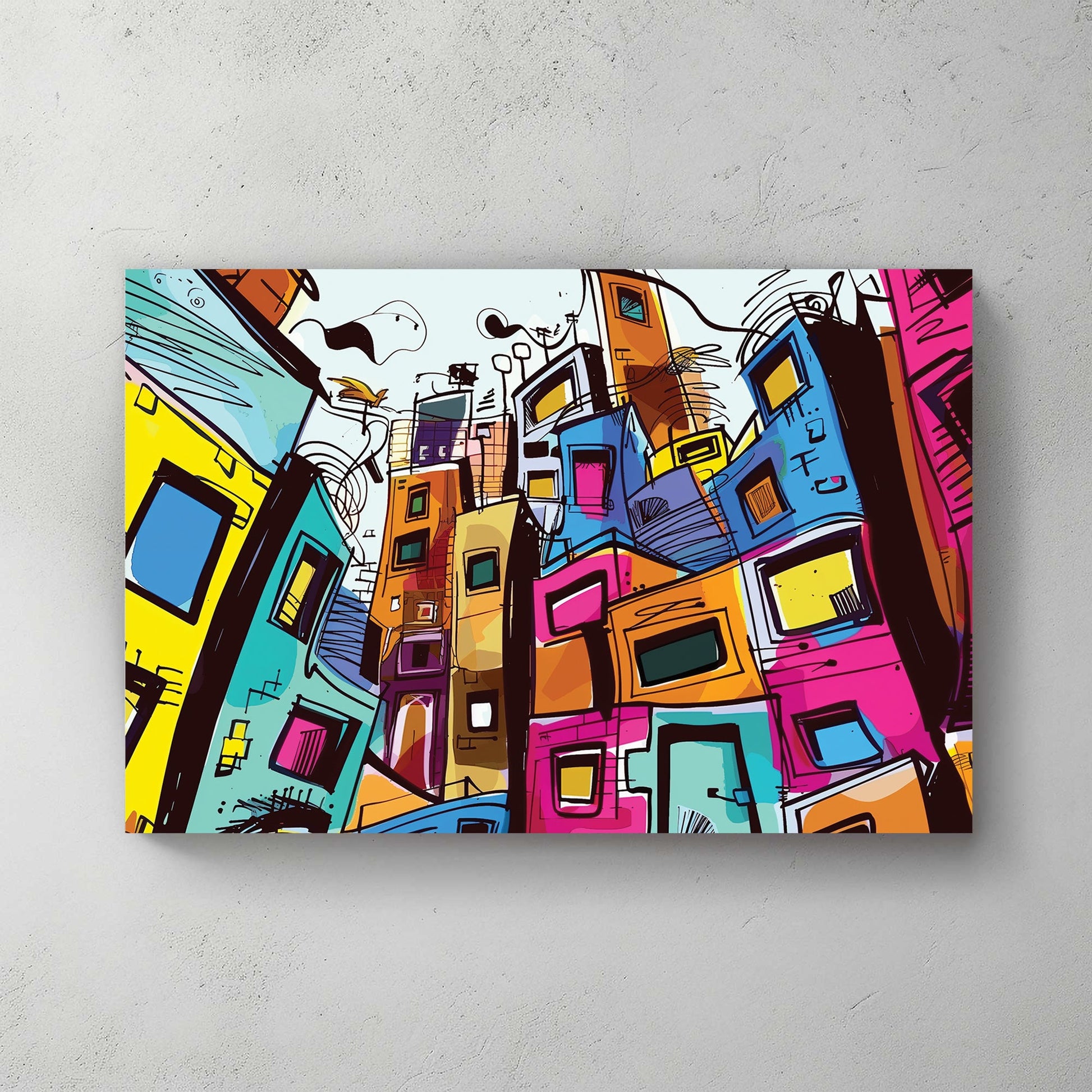 Colourful abstract cityscape wall art with stacked buildings and sketch-style details