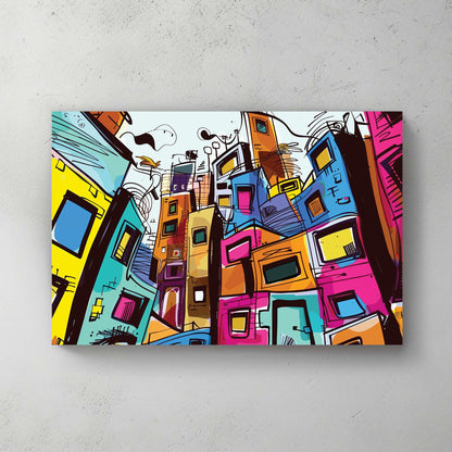 Colourful abstract cityscape wall art with stacked buildings and sketch-style details