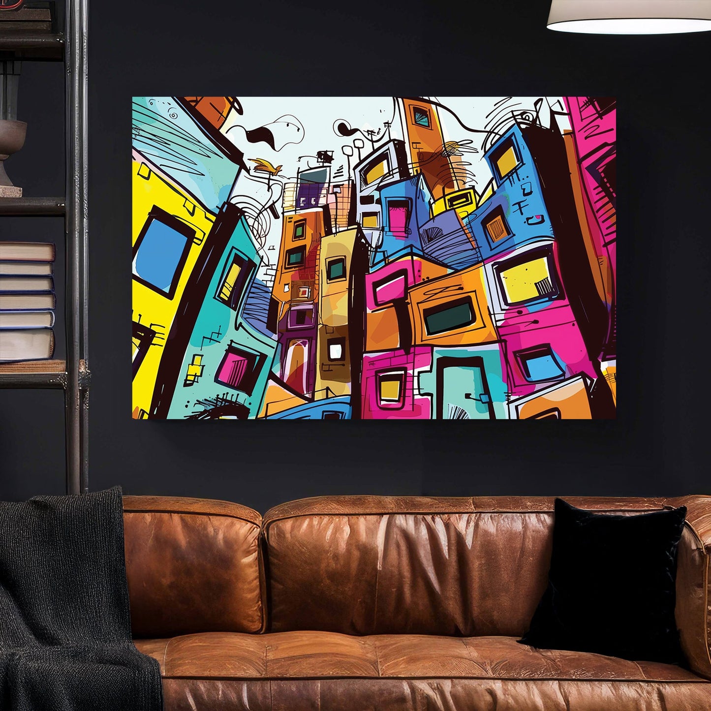 Colourful abstract cityscape wall art with stacked buildings and sketch-style details