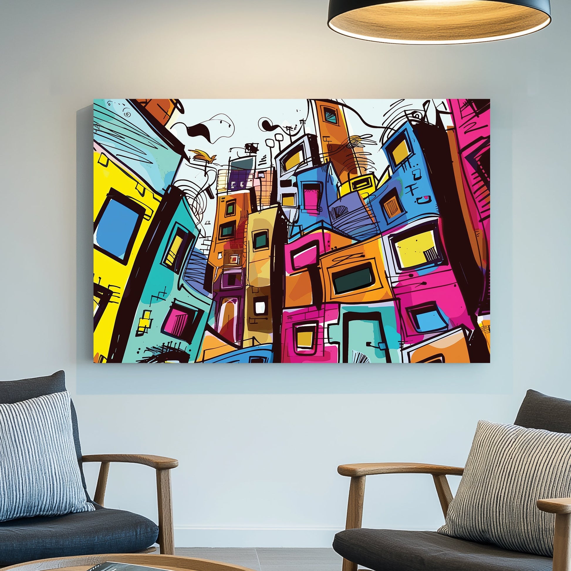 Colourful abstract cityscape wall art with stacked buildings and sketch-style details