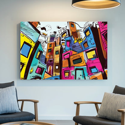 Colourful abstract cityscape wall art with stacked buildings and sketch-style details