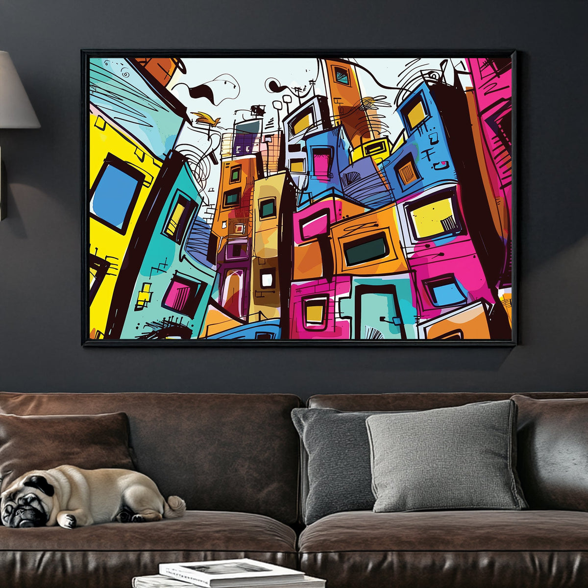 Colourful abstract cityscape wall art with stacked buildings and sketch-style details