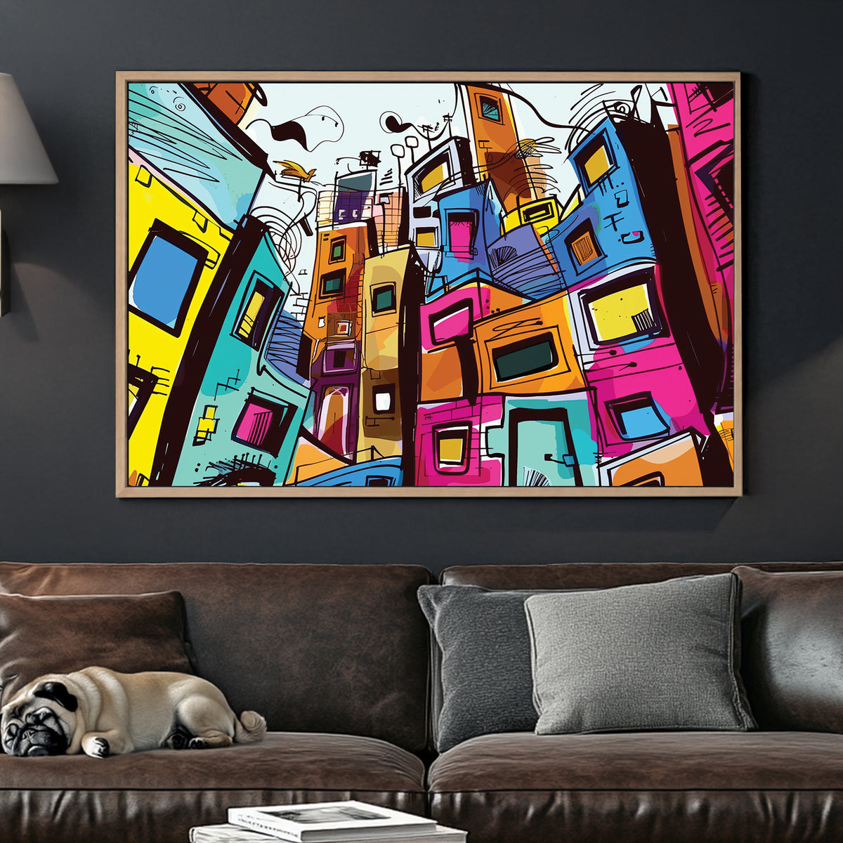 Colourful abstract cityscape wall art with stacked buildings and sketch-style details