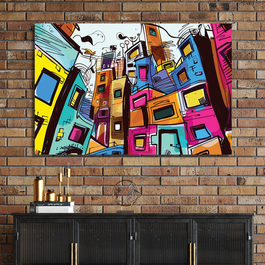 Colourful abstract cityscape wall art with stacked buildings and sketch-style details