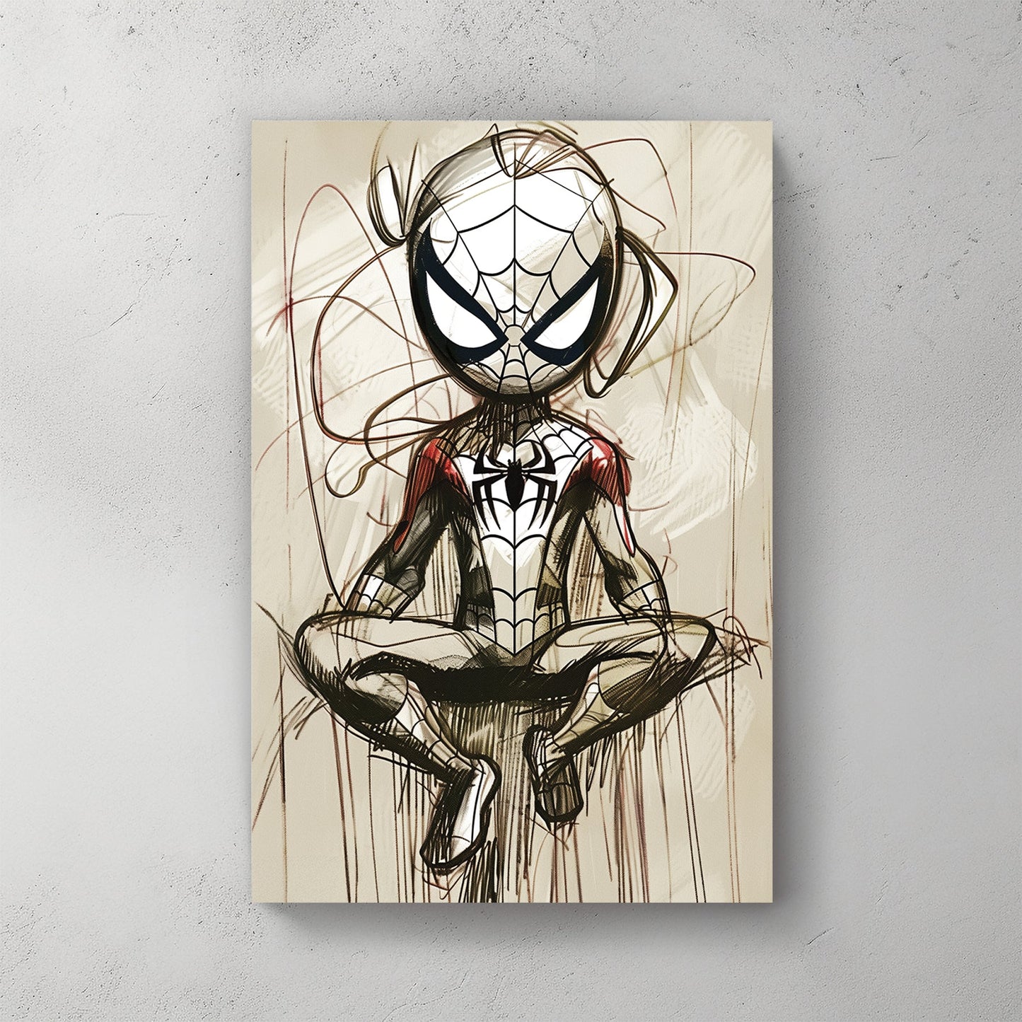 Stylized Spider-Man sketch wall art in a meditative pose with abstract linework