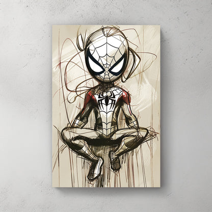 Stylized Spider-Man sketch wall art in a meditative pose with abstract linework