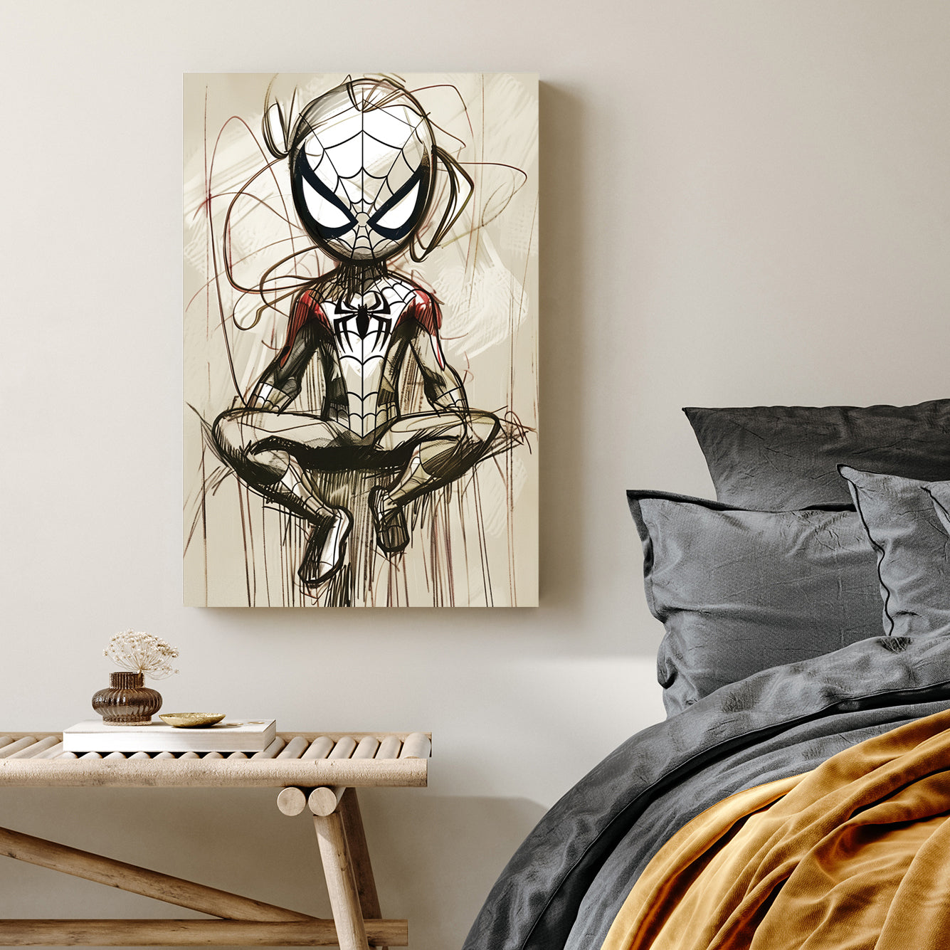 Stylized Spider-Man sketch wall art in a meditative pose with abstract linework