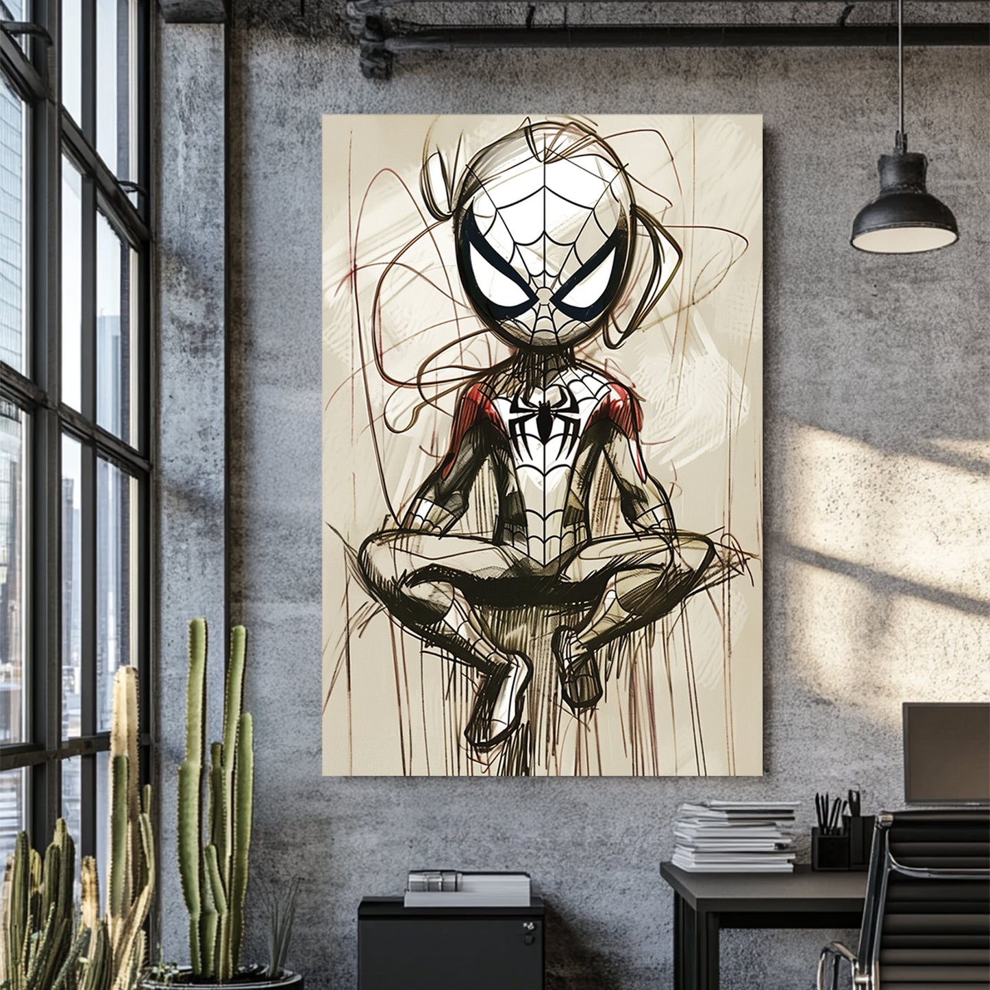 Stylized Spider-Man sketch wall art in a meditative pose with abstract linework