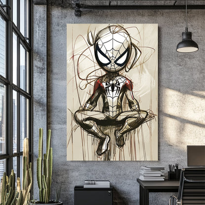 Stylized Spider-Man sketch wall art in a meditative pose with abstract linework