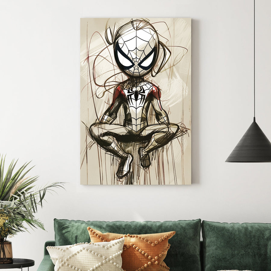 Stylized Spider-Man sketch wall art in a meditative pose with abstract linework