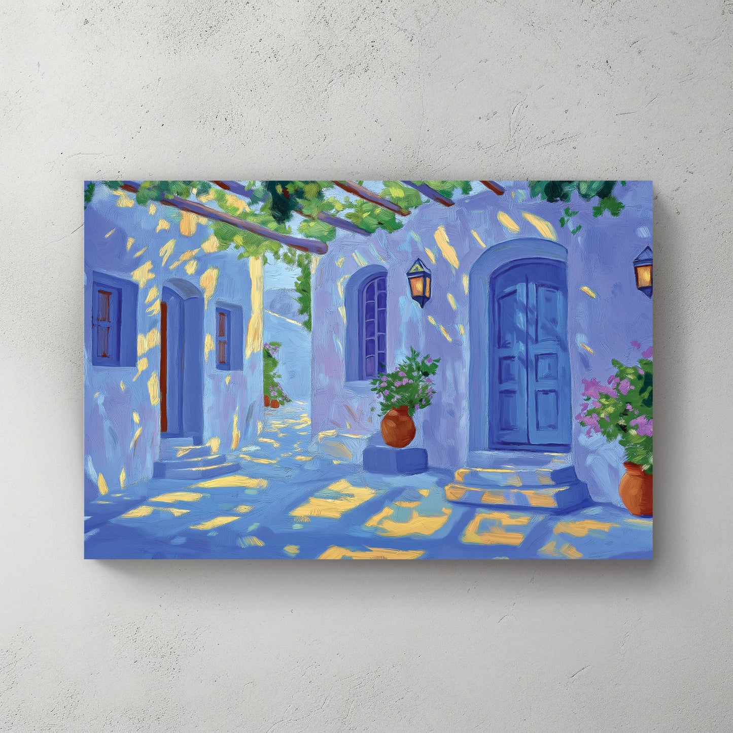 Mediterranean village wall art with blue doors, potted flowers, and golden sunlight
