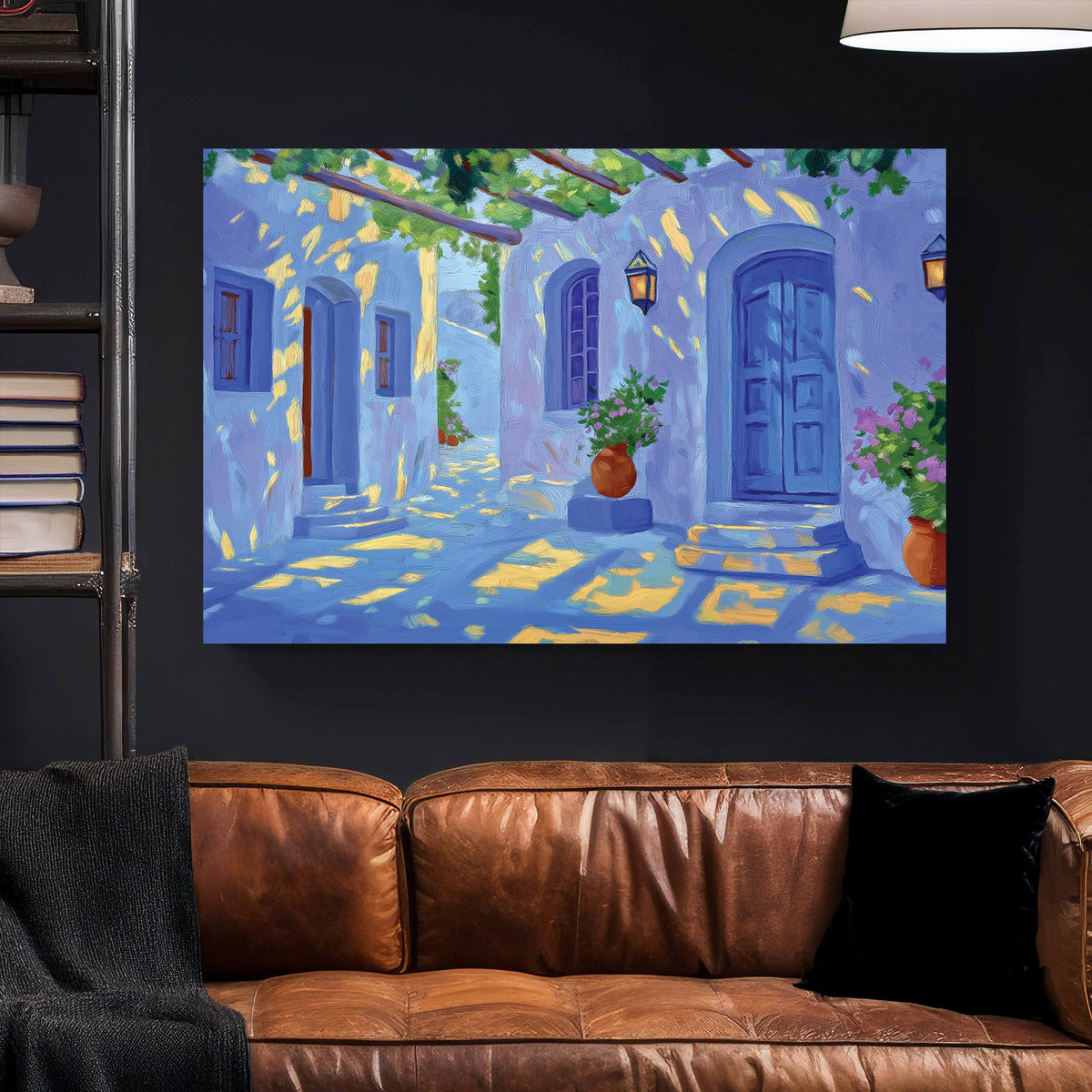 Mediterranean village wall art with blue doors, potted flowers, and golden sunlight