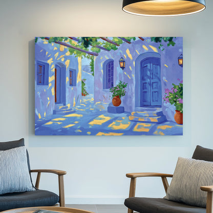 Mediterranean village wall art with blue doors, potted flowers, and golden sunlight