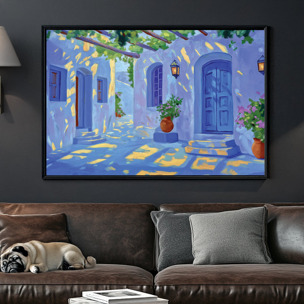 Mediterranean village wall art with blue doors, potted flowers, and golden sunlight