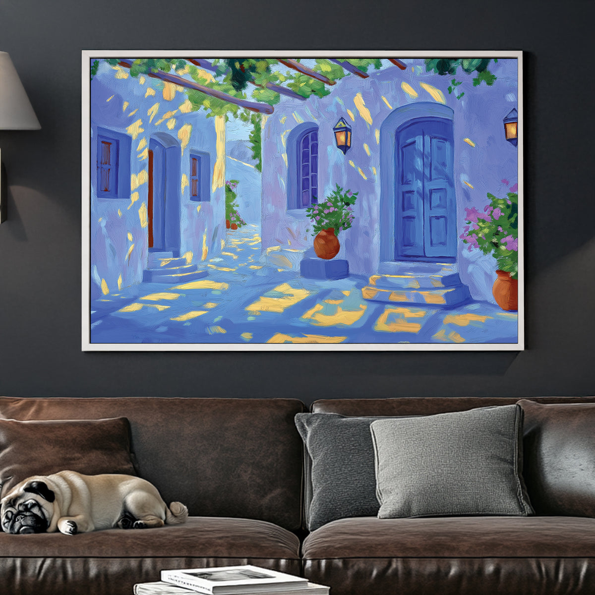 Mediterranean village wall art with blue doors, potted flowers, and golden sunlight