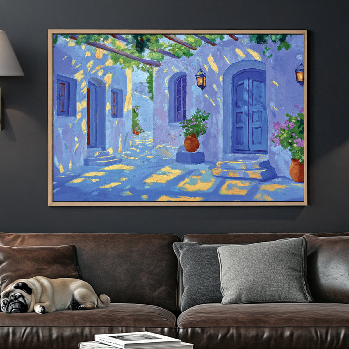 Mediterranean village wall art with blue doors, potted flowers, and golden sunlight