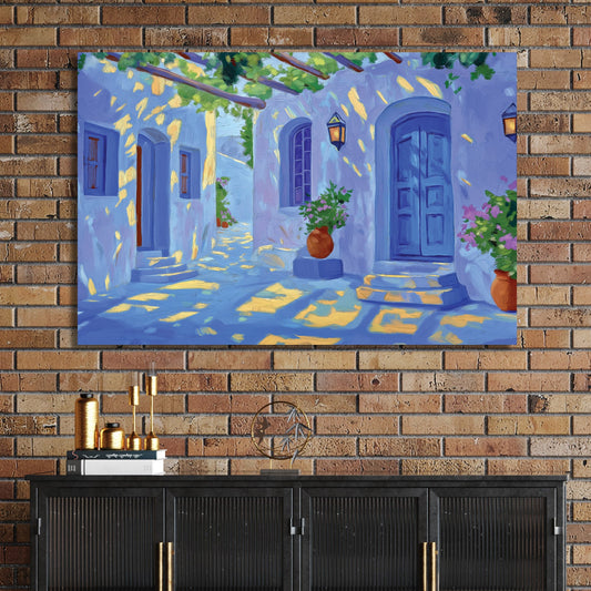 Mediterranean village wall art with blue doors, potted flowers, and golden sunlight