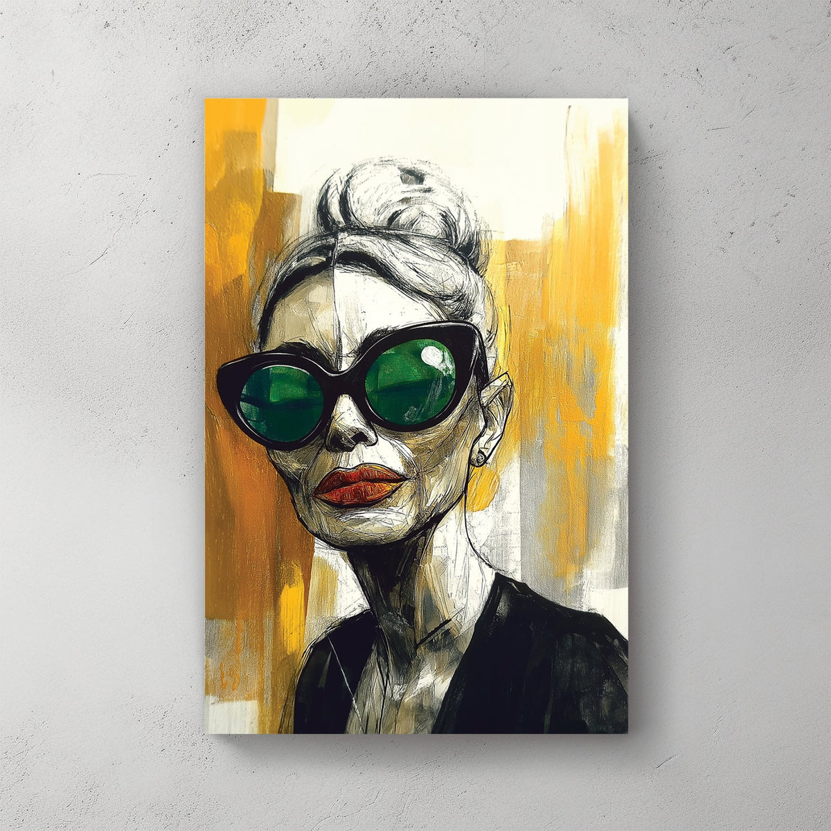 Bold fashion portrait wall art with green sunglasses and orange lipstick on abstract gold background