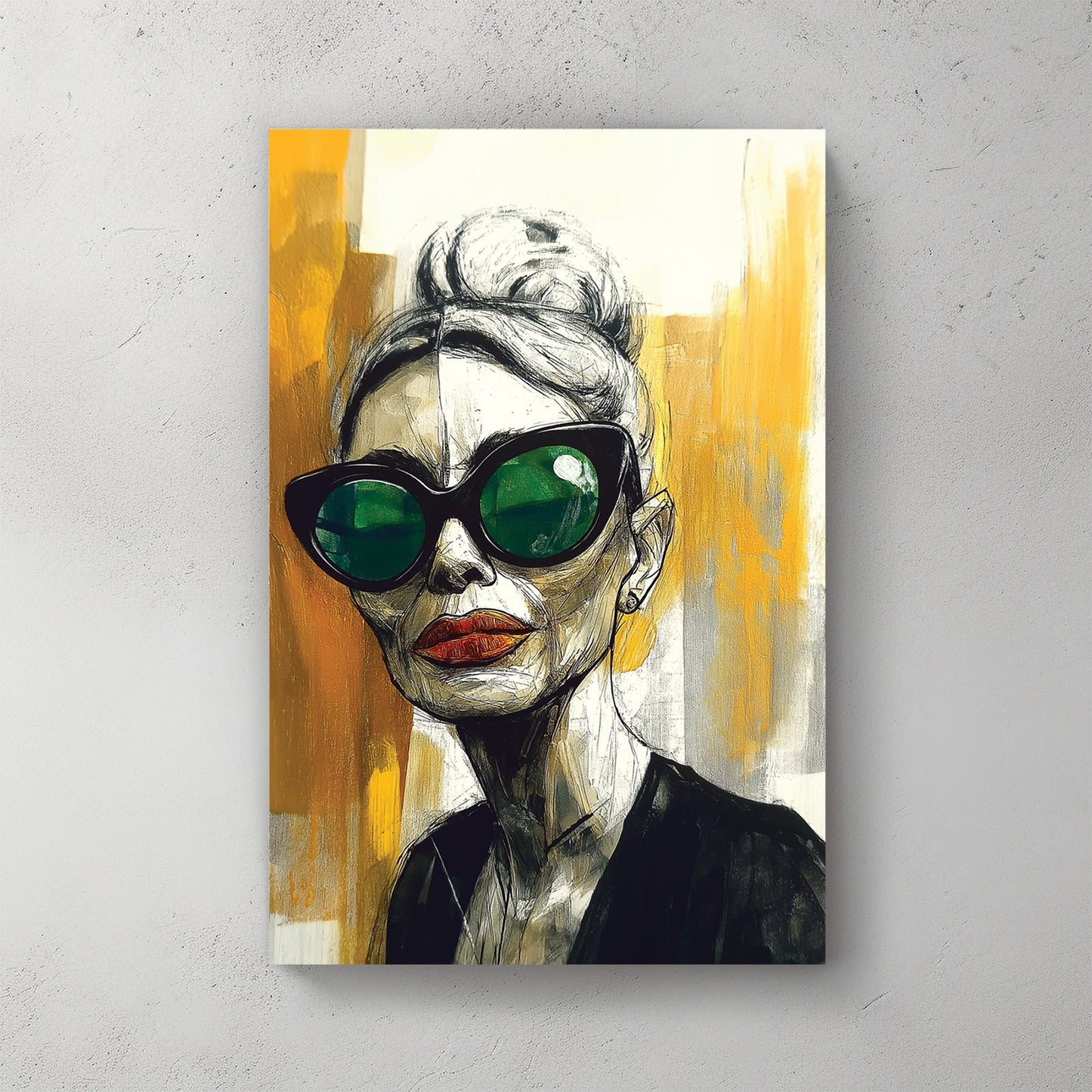 Bold fashion portrait wall art with green sunglasses and orange lipstick on abstract gold background