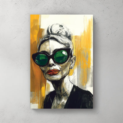 Bold fashion portrait wall art with green sunglasses and orange lipstick on abstract gold background