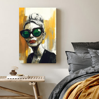 Bold fashion portrait wall art with green sunglasses and orange lipstick on abstract gold background