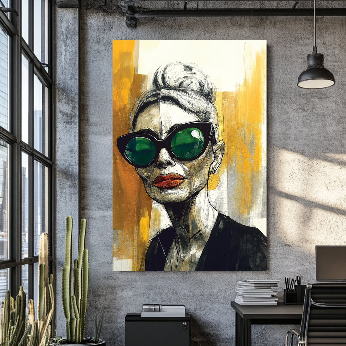 Bold fashion portrait wall art with green sunglasses and orange lipstick on abstract gold background