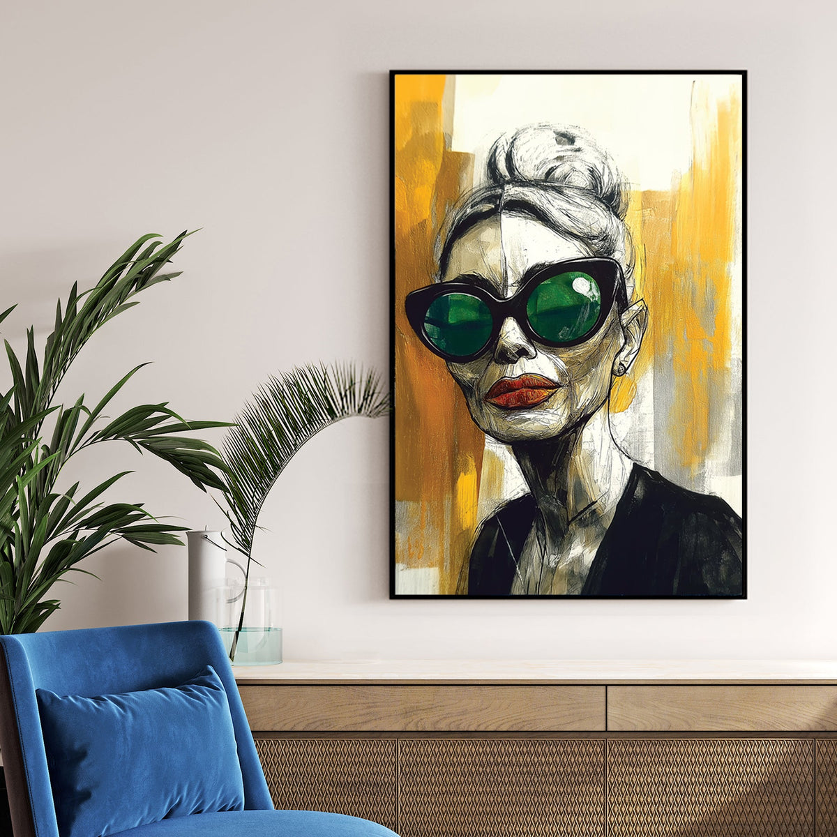 Bold fashion portrait wall art with green sunglasses and orange lipstick on abstract gold background