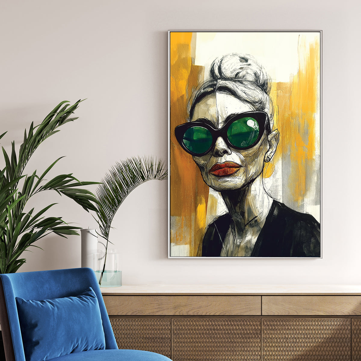 Bold fashion portrait wall art with green sunglasses and orange lipstick on abstract gold background