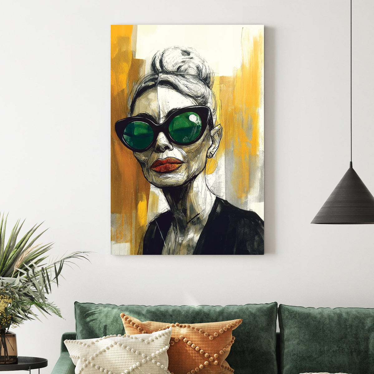 Bold fashion portrait wall art with green sunglasses and orange lipstick on abstract gold background