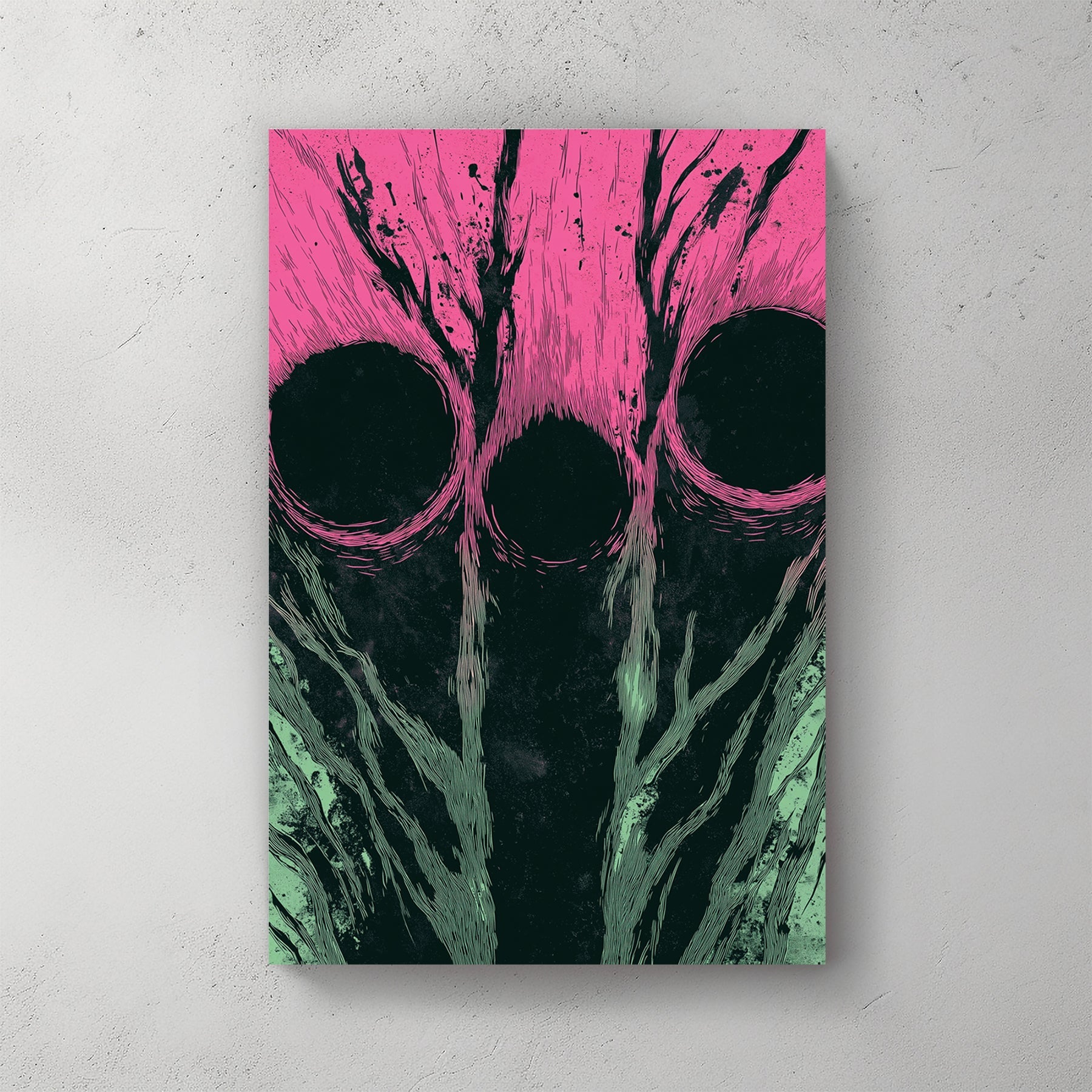 Abstract wall art with three dark circles over pink and green textured background