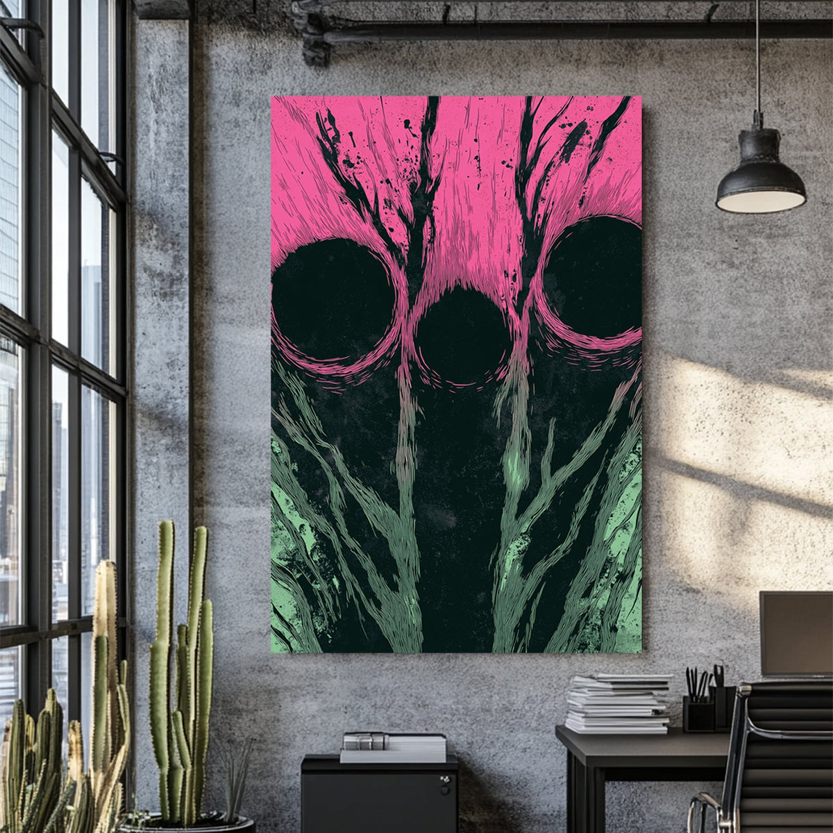 Abstract wall art with three dark circles over pink and green textured background
