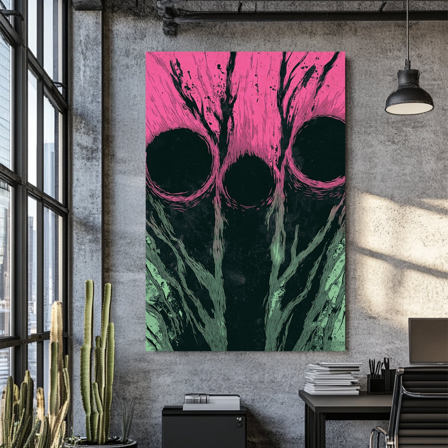 Abstract wall art with three dark circles over pink and green textured background