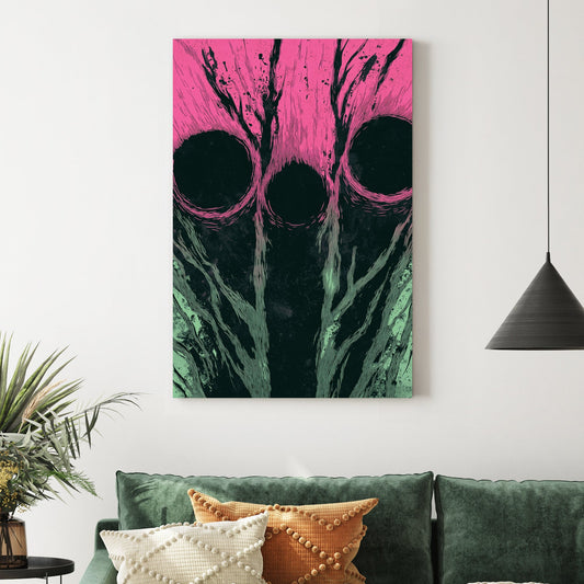 Abstract wall art with three dark circles over pink and green textured background