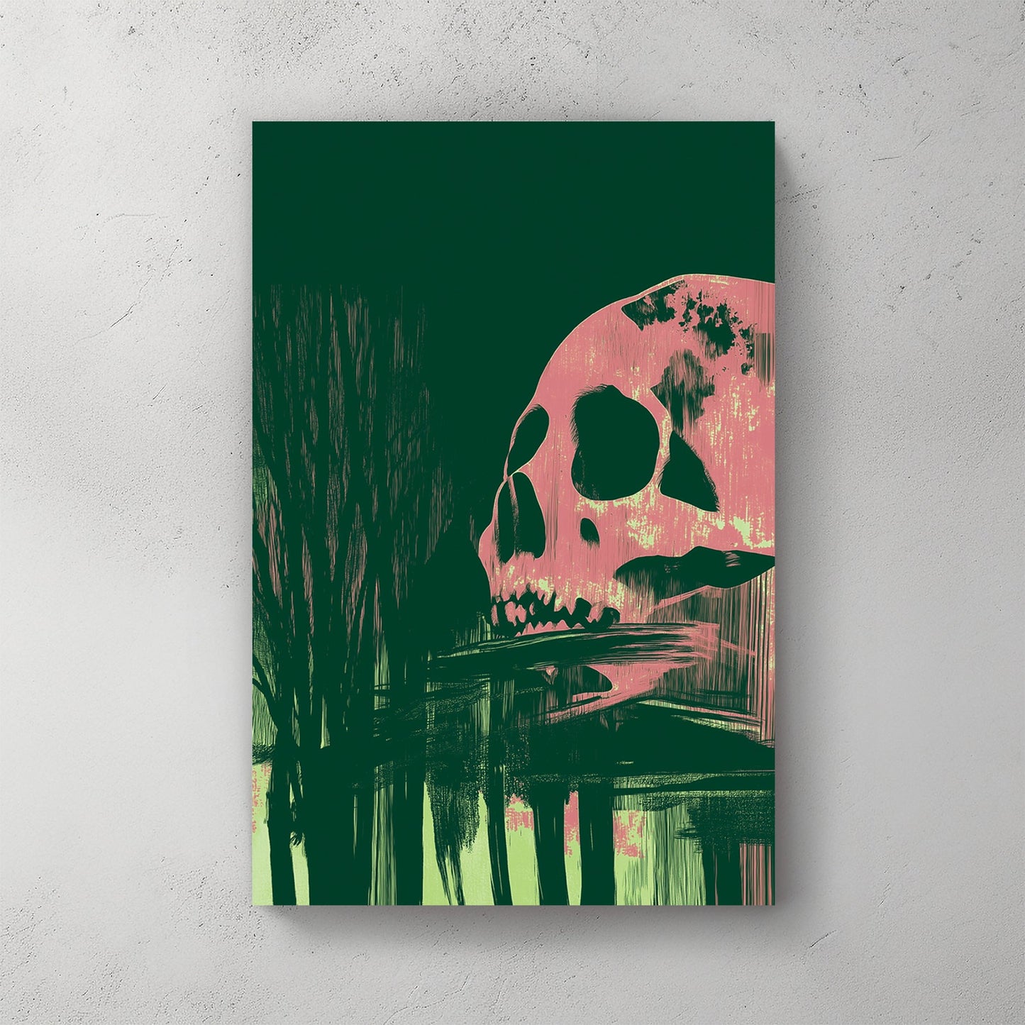 Dark abstract wall art featuring a pink skull and shadowy forest reflections