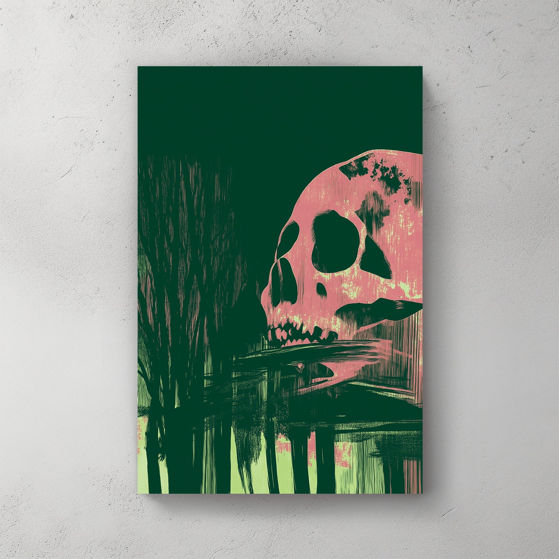 Dark abstract wall art featuring a pink skull and shadowy forest reflections