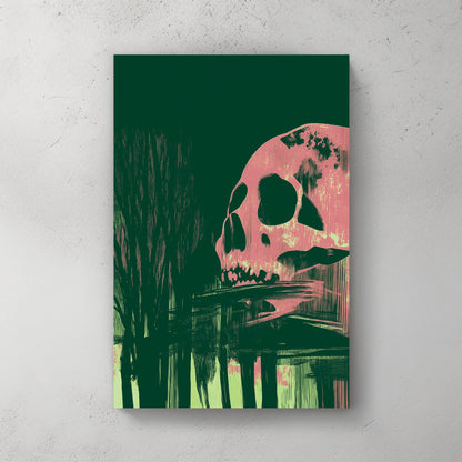 Dark abstract wall art featuring a pink skull and shadowy forest reflections