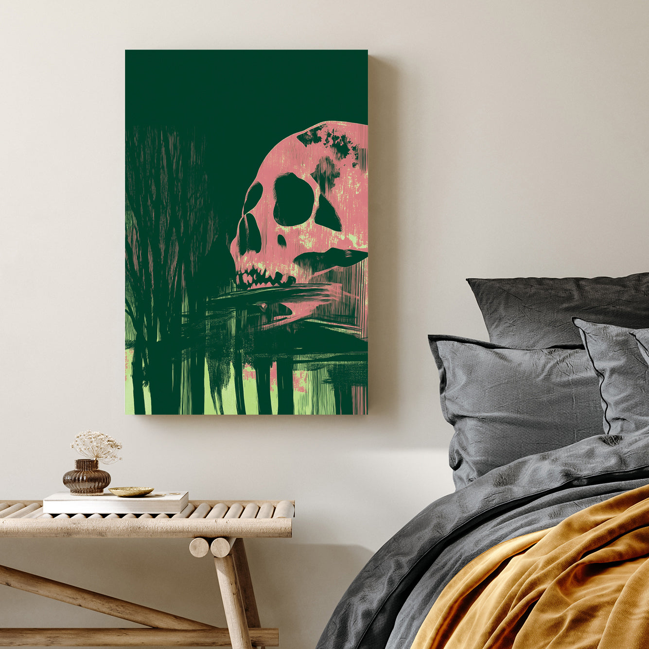 Dark abstract wall art featuring a pink skull and shadowy forest reflections