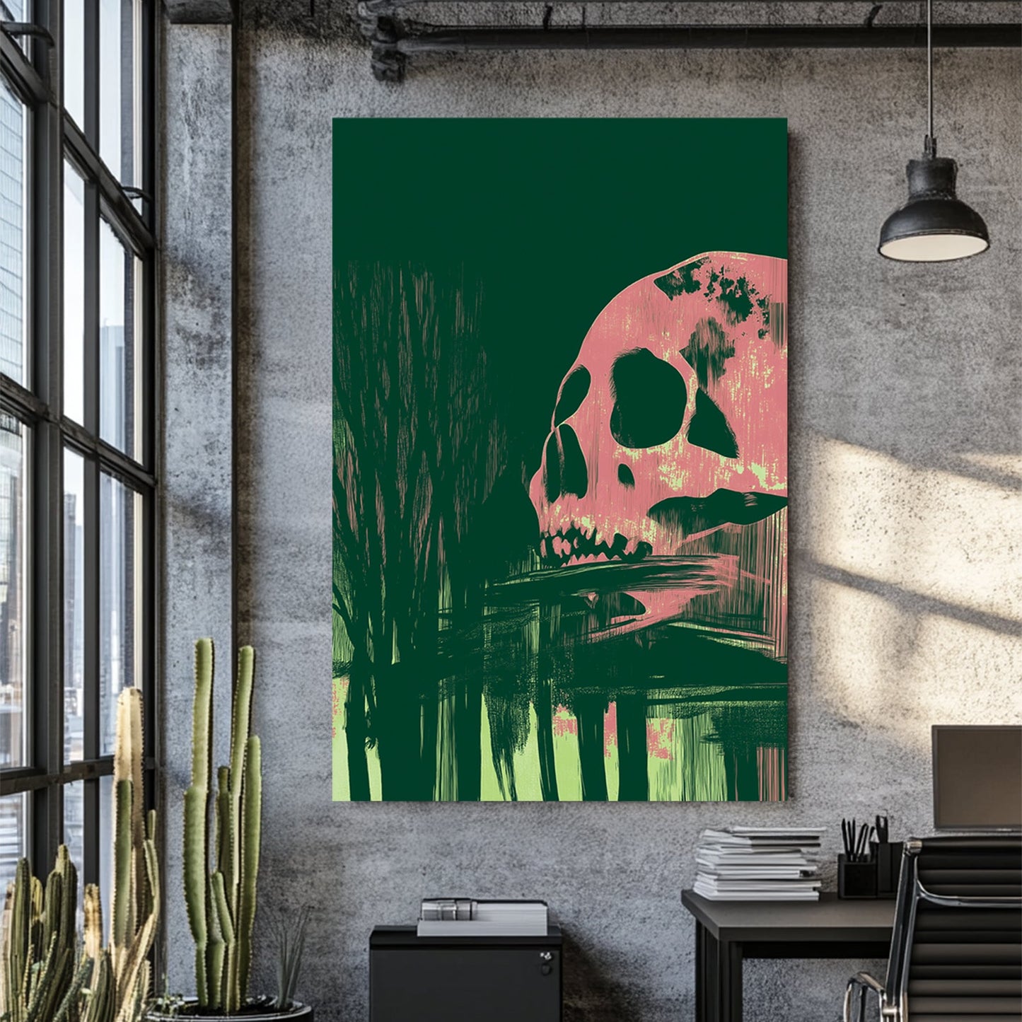 Dark abstract wall art featuring a pink skull and shadowy forest reflections