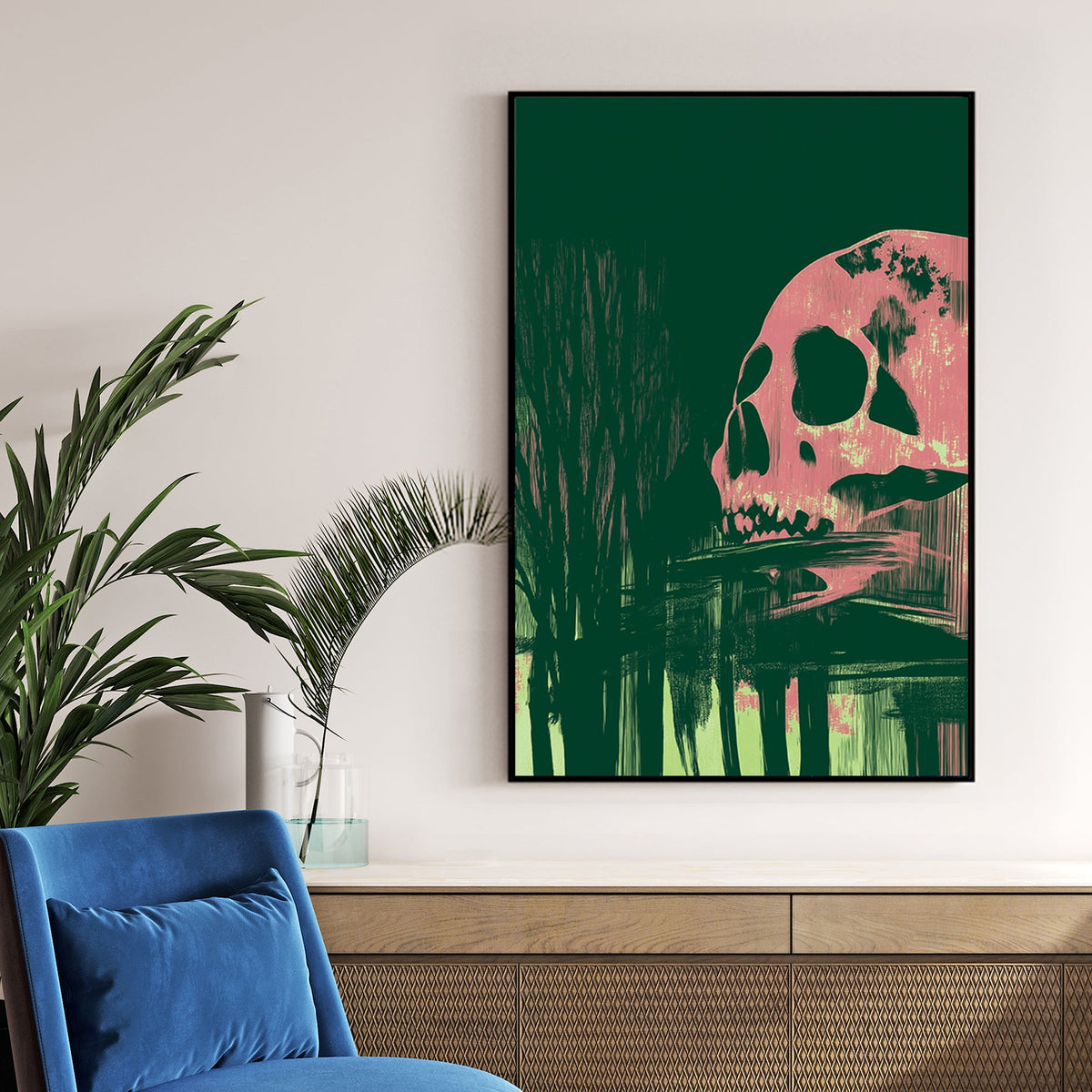 Dark abstract wall art featuring a pink skull and shadowy forest reflections
