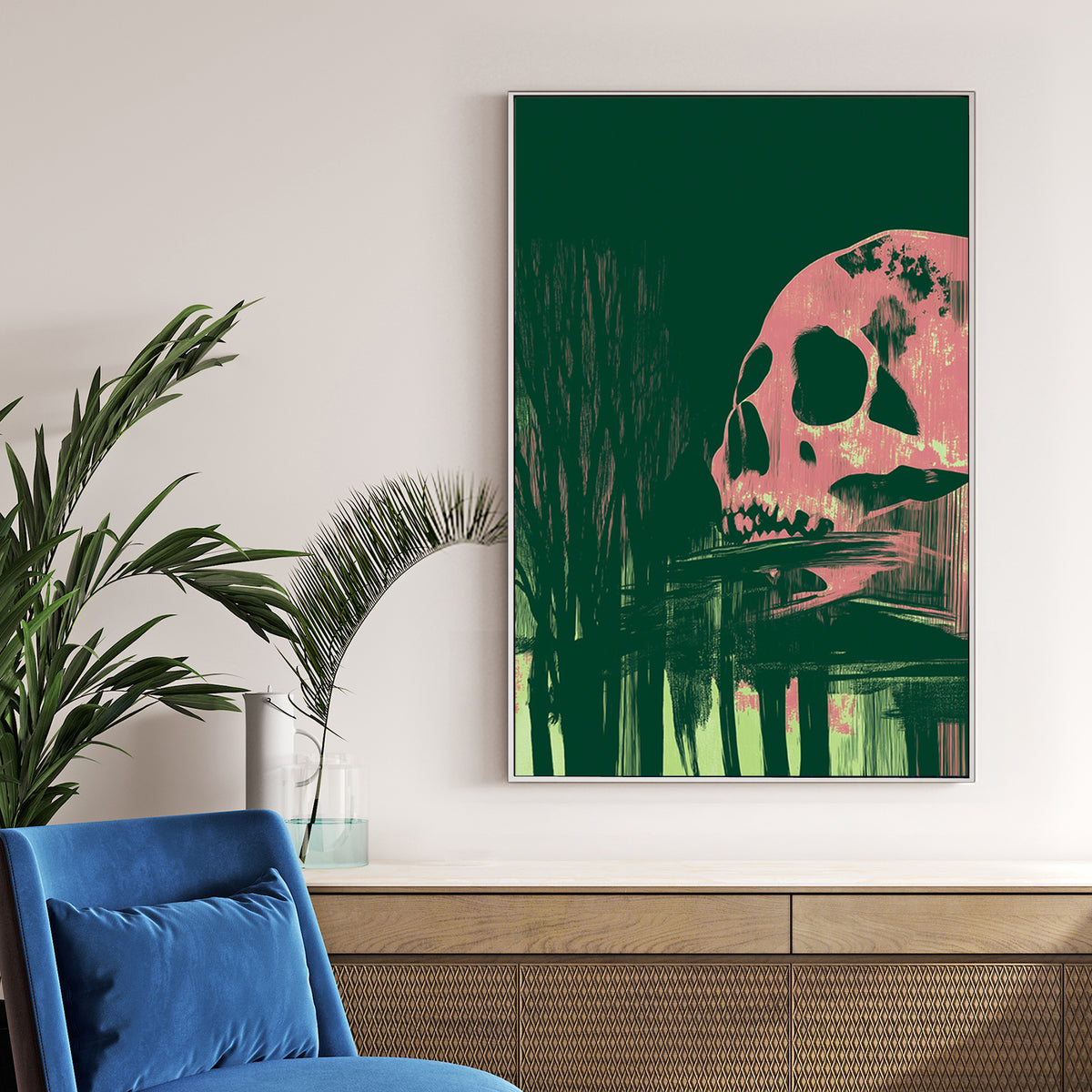 Dark abstract wall art featuring a pink skull and shadowy forest reflections