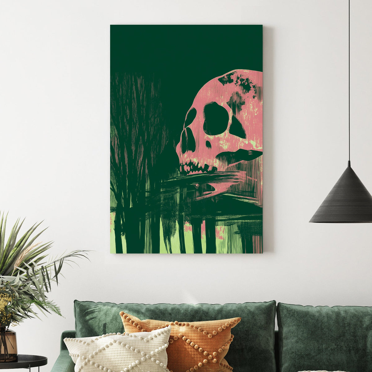 Dark abstract wall art featuring a pink skull and shadowy forest reflections