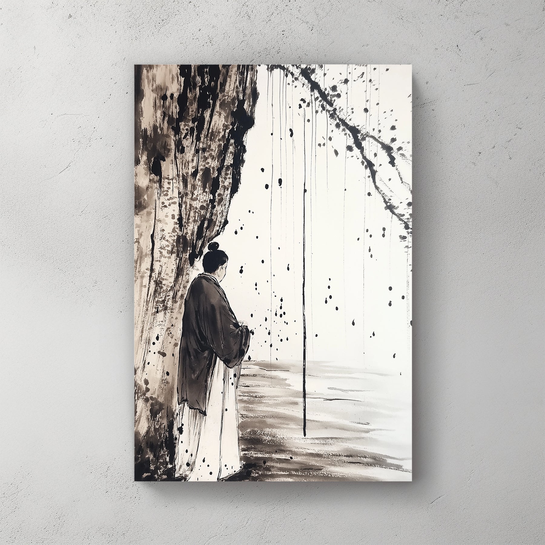 Japanese ink wall art featuring a solitary figure in traditional robes beneath a tree