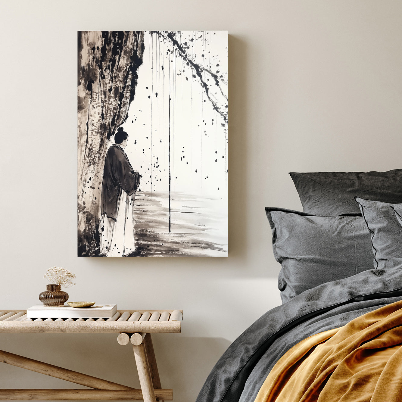 Japanese ink wall art featuring a solitary figure in traditional robes beneath a tree