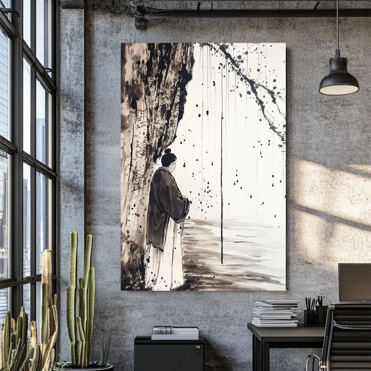 Japanese ink wall art featuring a solitary figure in traditional robes beneath a tree