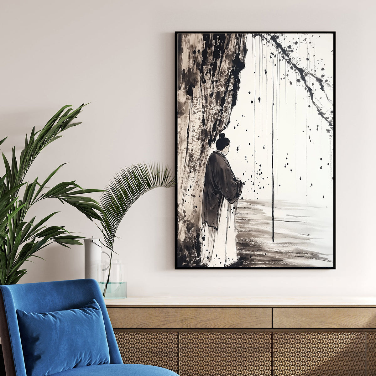 Japanese ink wall art featuring a solitary figure in traditional robes beneath a tree